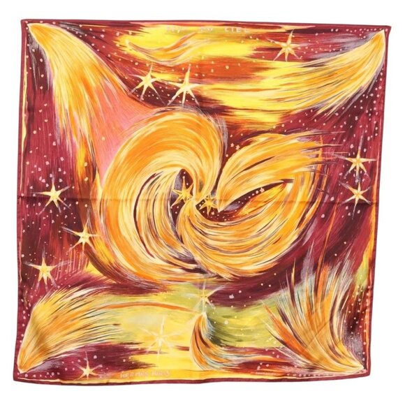 HERMES Carre 90 Scarf ""FEUX DU CIEL"" Silk Yellow Auth - Picture 1 of 16